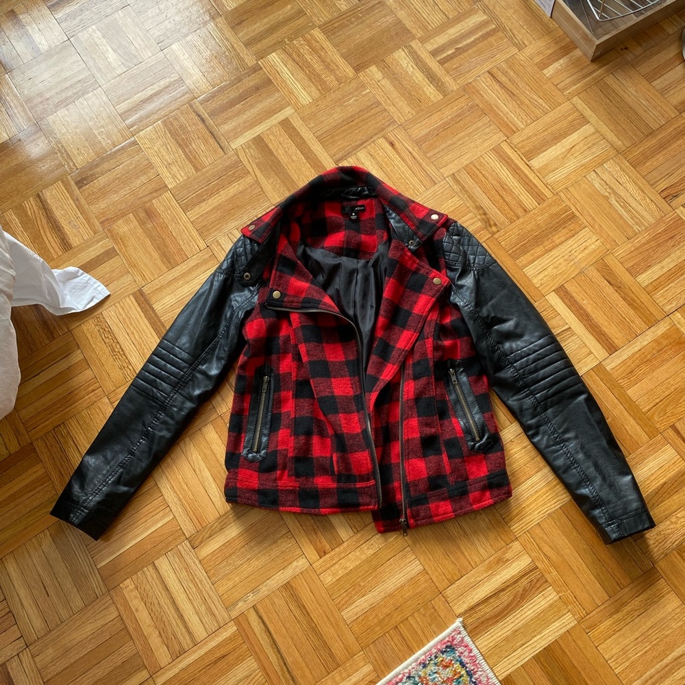 Aqua // Bloomingdales Plaid Faux Leather Jacket